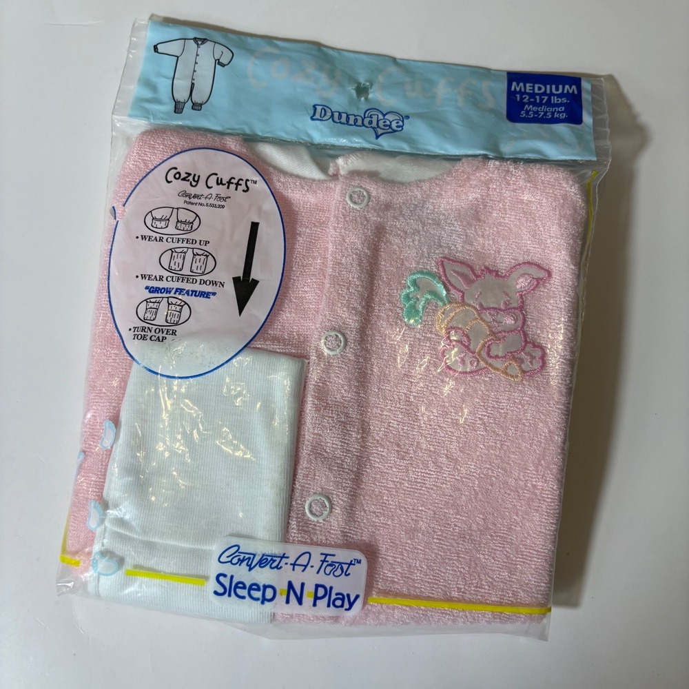Vintage Dundee Infant 3-6M Pink Terry Cloth‎ Bunny PJs Sleep N Play Convertible